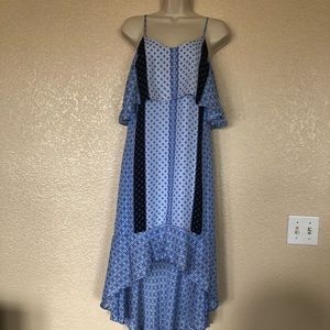 New Kaari Blue Ruffle Hi-Low Midi Print Sleeveless Casual Dress XS Blue